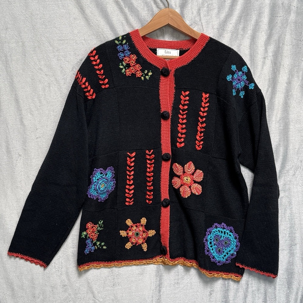 Lisa International Christmas Cardigan Womens Size Large Black Holidays Button Up